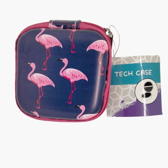Pink flamingo Tech Case Zipper Mesh Pocket Earbuds Ear Phones - Picture 2 of 4